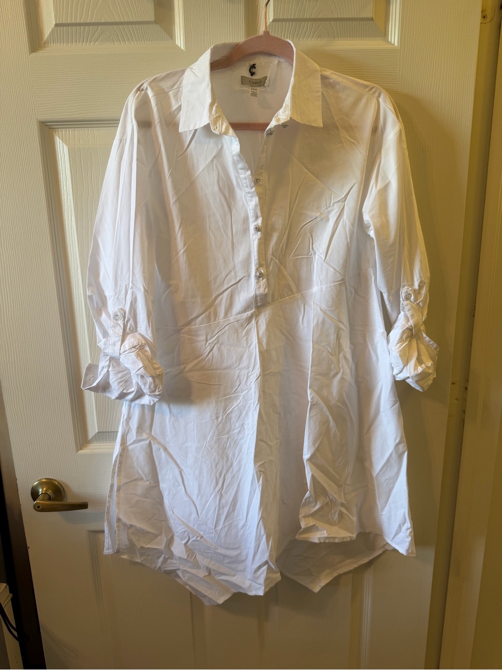 Cupio White Mini Shirt Dress with Roll-Sleeve Detail